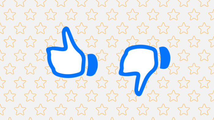 Thumbs up and thumbs down icons on a star-patterned background, representing user feedback and reviews related to KWD Marketing's web design and marketing services.