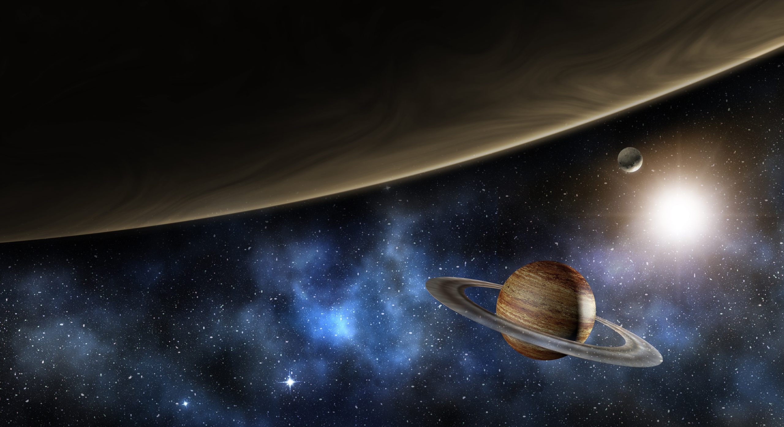 3D illustration of Jupiter with rings, surrounded by stars and a distant sun, illustrating the planet's massive size and gravitational influence in the context of space exploration and scientific discoveries.