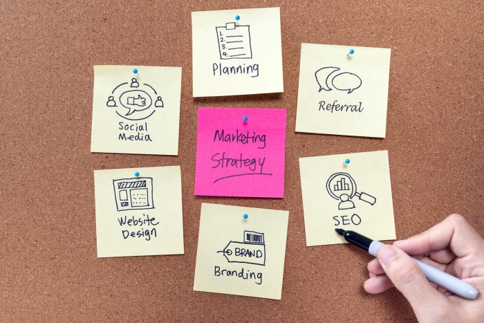 Sticky notes on corkboard illustrating marketing strategy concepts, including social media, website design, branding, SEO, planning, and referral.