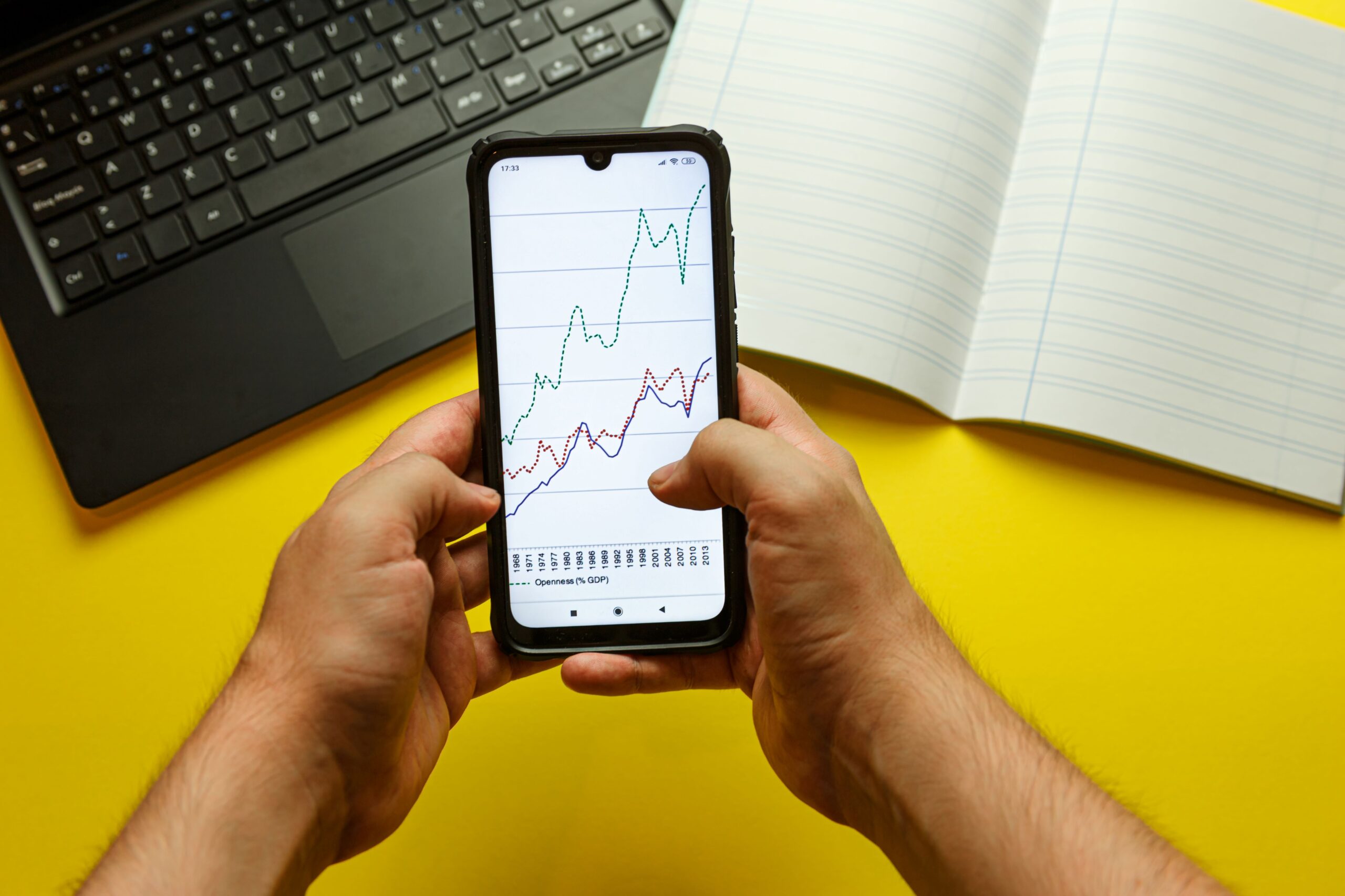 Hands holding a smartphone displaying a graph, with a laptop and open notebook on a yellow background, illustrating digital marketing analytics and performance tracking relevant to Google Ads strategies.