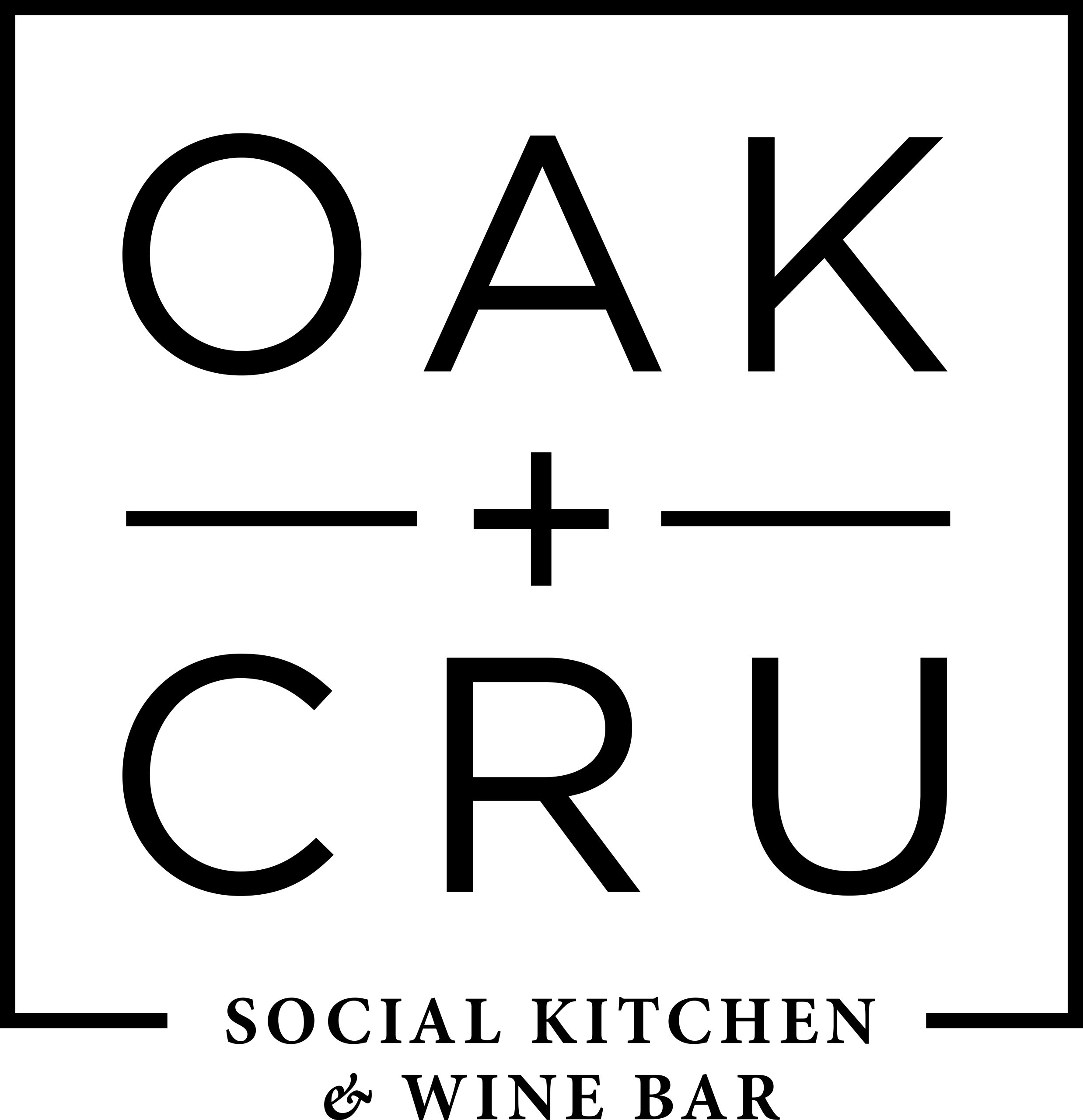 Oak + Cru logo featuring bold text, emphasizing "OAK" and "CRU," with the tagline "SOCIAL KITCHEN & WINE BAR," representing the waterfront restaurant in Kelowna focused on farm-to-table dining and local ingredients.