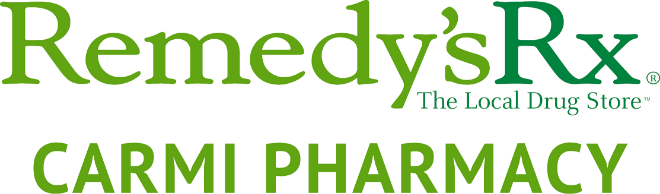 Carmi Pharmacy logo featuring "Remedy's Rx" and tagline "The Local Drug Store," emphasizing community-focused pharmacy services.