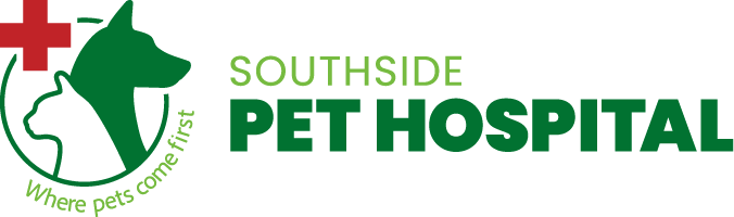 Logo of Southside Pet Hospital featuring a green dog and cat silhouette, red cross, and the tagline "Where pets come first," representing veterinary services in Kelowna, BC.