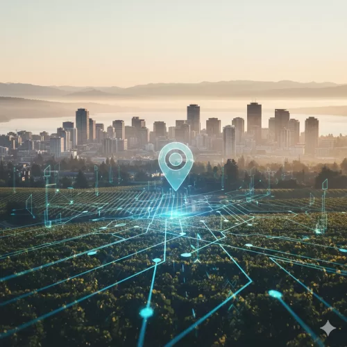 A digital marketing Kelowna concept featuring a stylized map pin hovering over a glowing network of data lines connecting a lush Okanagan vineyard to a modern city skyline at sunrise.