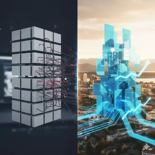 A split-screen comparison representing web design Kelowna options, showing a cluttered, grey block structure with tangled wires on the left contrasted with a sleek, glowing blue custom digital architecture rising above a Kelowna city skyline on the right.