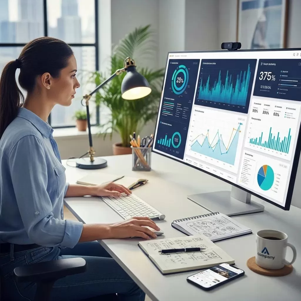 Digital marketing professional analyzing data for personalized marketing plans in a modern office