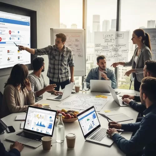 Digital marketing team collaborating on SEO strategies in a modern office
