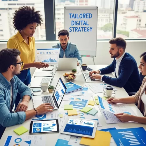 Diverse professionals collaborating on a custom digital marketing strategy in a modern workspace
