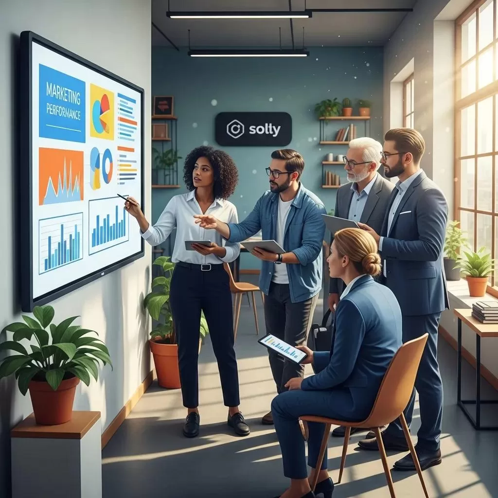 Diverse team discussing marketing performance metrics in an office