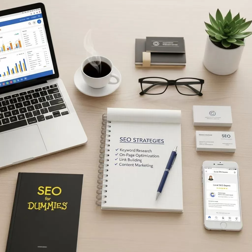 Flat lay of SEO tools including a laptop, notepad, and smartphone for local SEO