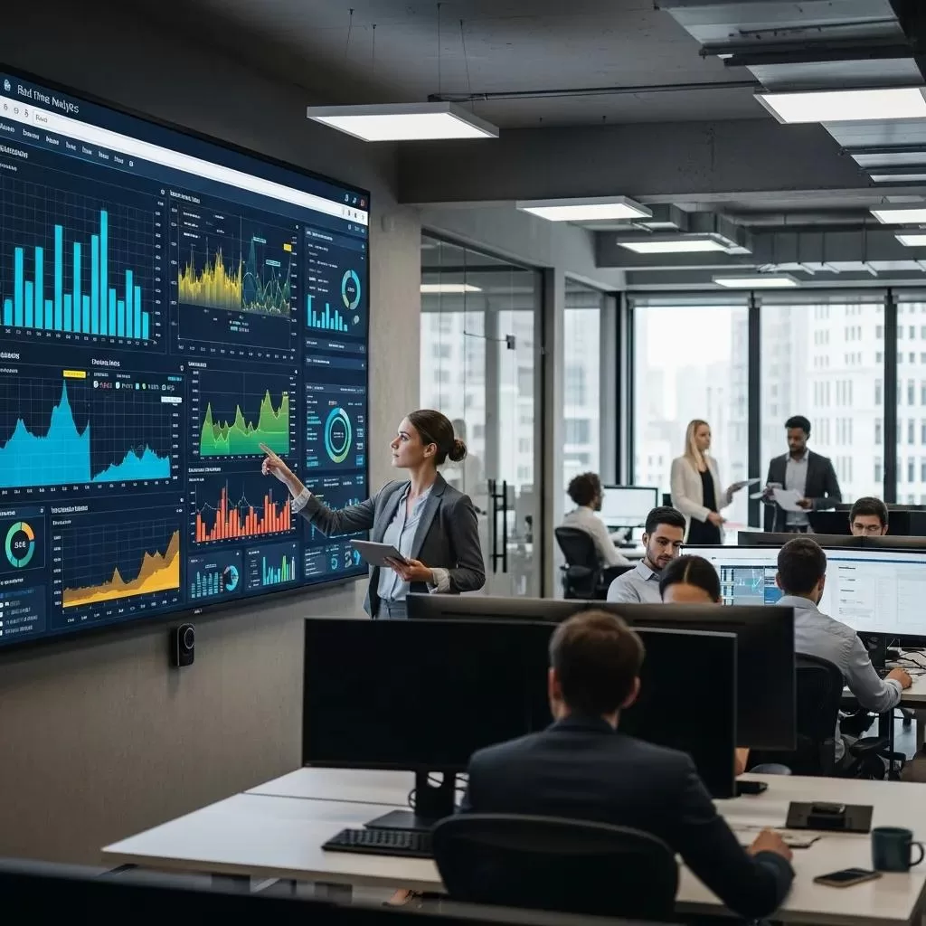 Marketing professional analyzing real-time analytics in a modern office