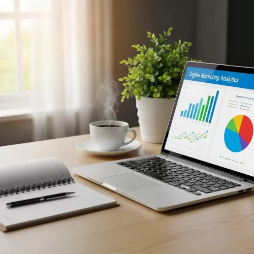 Modern workspace with laptop showing digital marketing analytics