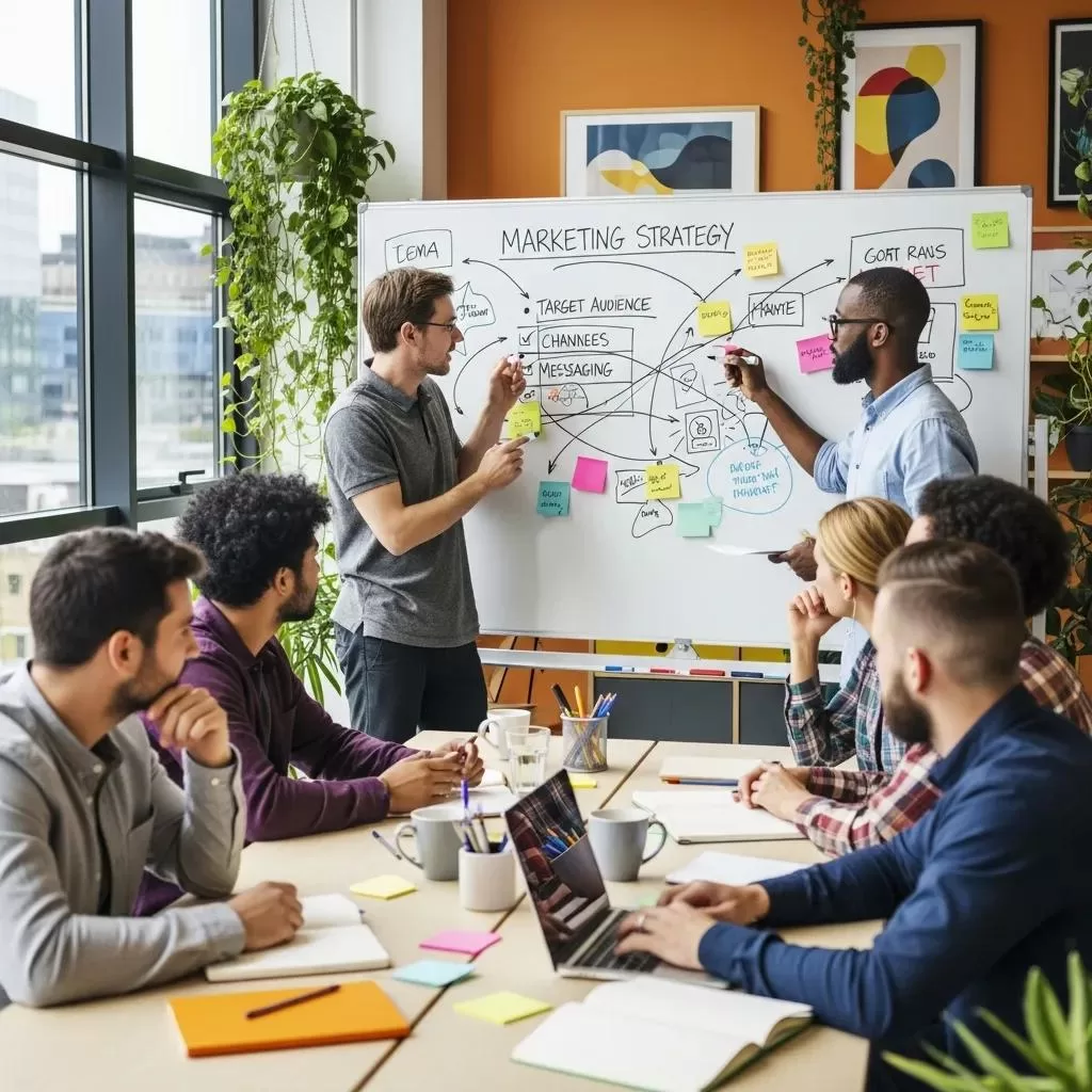 Startup team brainstorming key components of effective marketing strategy consulting on a whiteboard