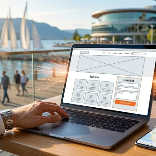 A laptop on an outdoor patio displays a modern website mockup, showcasing downtown Kelowna website design against a background of Okanagan Lake and the Innovation Centre.