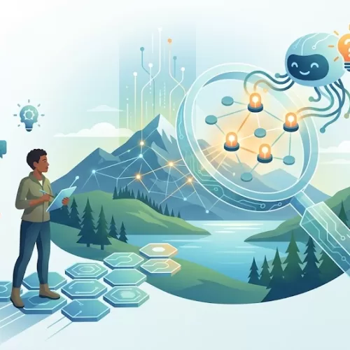 A conceptual digital marketing illustration featuring a professional person standing in a stylized Okanagan landscape with mountains and water, using a large futuristic magnifying glass to examine a glowing network of AI-driven data nodes. Floating icons for video, FAQs, and rocket-fast speed symbolize the modern strategies required to get noticed online in 2026