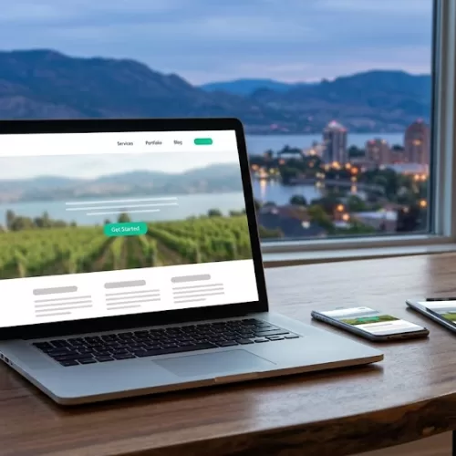 A laptop, smartphone, and tablet displaying responsive web design, featuring a local Okanagan vineyard background, rest on a wooden desk overlooking the Kelowna waterfront at twilight, illustrating the capabilities of Web Design Kelowna.