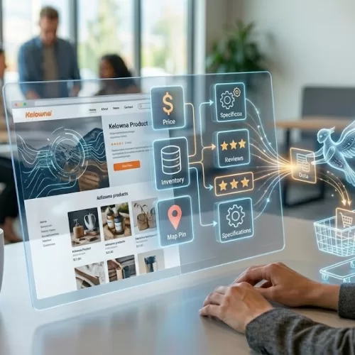 A futuristic digital interface showing structured website data—such as price, inventory, and reviews—being seamlessly extracted by an AI agent into a shopping cart, illustrating the mechanics of Agentic Commerce SEO