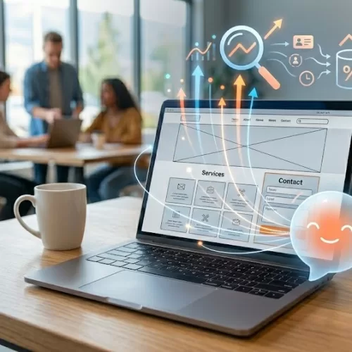A laptop displaying a modern website interface alongside a friendly, glowing AI chat bubble and upward-trending analytics arrows, visually demonstrating how chatbots improve SEO and boost online engagement