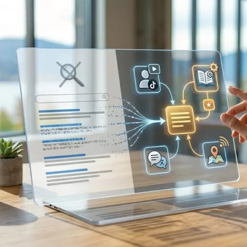A modern digital visualization set against a clean co-working desk overlooking Okanagan Lake, illustrating the transition from traditional search results (crossed out on the left) to Search Everywhere Optimization. On the right, an interconnected, glowing ecosystem of diverse nodes—including TikTok, Perplexity, and local maps—feeds structured authoritative data (Schema markup) into a central AI-synthesized answer. A geometric data agent selects validated information for agentic commerce, while a human hand directs the authority. This visualization encapsulates becoming the primary cited source across all AI and social discovery platforms