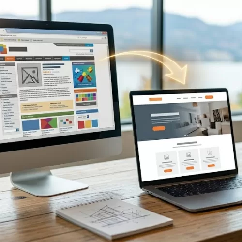 A desktop monitor displaying an outdated, cluttered interface transforming into a sleek, modern layout on a laptop, illustrating the powerful visual upgrade of a website redesign Kelowna
