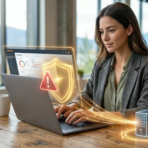 A professional web developer working on a laptop, surrounded by glowing digital graphics of a security shield, alert icon, and server, illustrating how a proactive hosting team resolves a cPanel security advisory