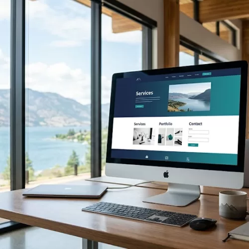Modern desktop computer showing a high-converting corporate web design Kelowna layout, set on a wooden office desk overlooking Okanagan Lake with a corporate team working in the background