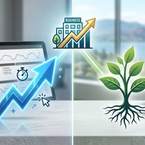 A side-by-side visual comparison featuring a fast upward arrow and stopwatch representing immediate results from Google Ads Kelowna, alongside a rooted plant symbolizing long-term organic SEO growth