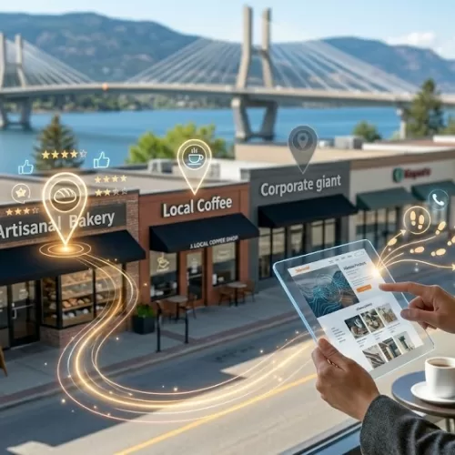A professional woman using a digital tablet overlooking a Kelowna streetscape with a lake and bridge, showcasing how Local SEO for small business highlights independent shops—like a local bakery with glowing map pins and five-star reviews—over nearby corporate competitors