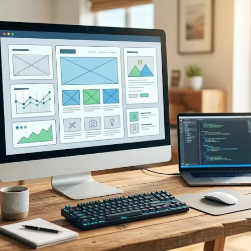 A web developer working on custom website design at a wooden desk with a computer monitor showing a clean UI wireframe, a laptop displaying code, and a bright window view of the scenic Okanagan landscape, representing a professional WordPress developer in Kelowna