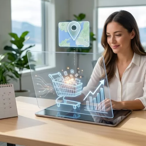 A professional working on a laptop with glowing digital shopping cart and growth graphics, representing expert ecommerce website design in Kelowna with a view of the lake in the background