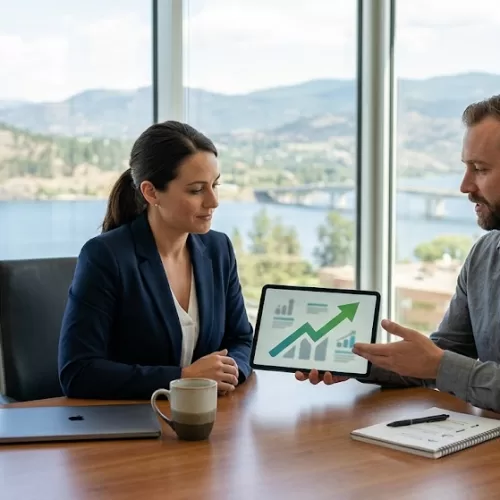 A man and woman reviewing a tablet showing a green growth chart in a bright office overlooking the lake, representing the data-driven approach of marketing agencies in Kelowna