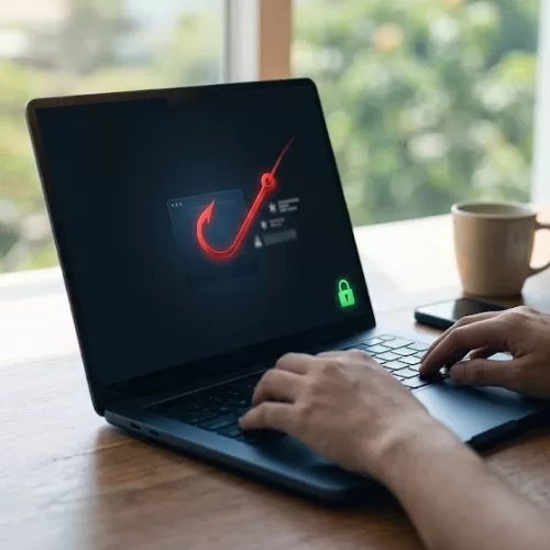 A person working on a laptop displaying a digital fishing hook graphic on the screen, illustrating how to spot fake emails and avoid phishing scams.