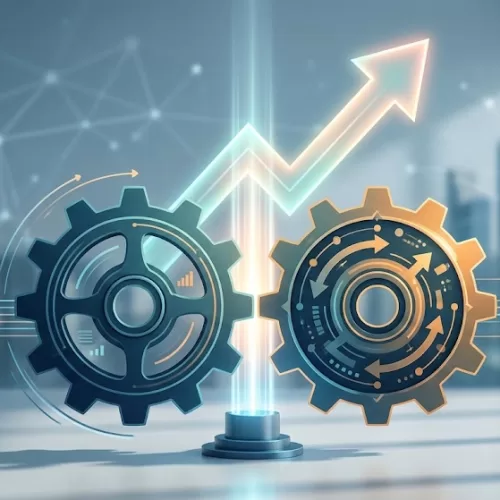 Two interlocking gears with a glowing upward growth arrow, symbolizing the unified strategy of a full-service web design and marketing company.
