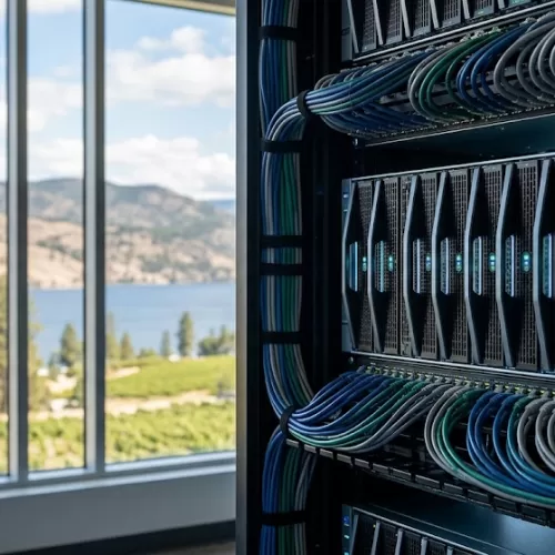 A modern server rack with neatly organized blue cables next to a large window overlooking Okanagan Lake and vineyards, representing secure web hosting in Kelowna