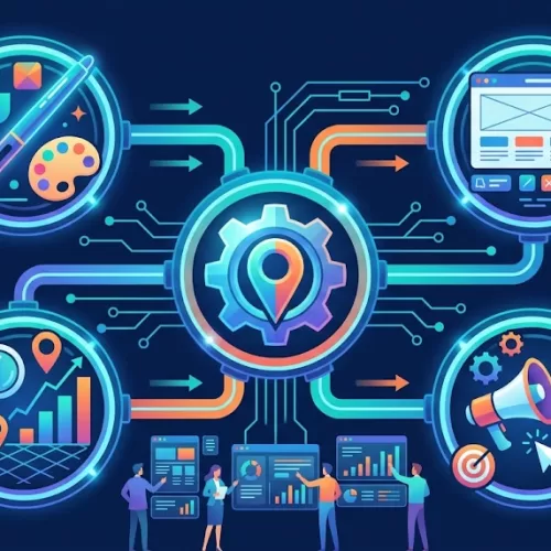 An integrated digital marketing system for a Kelowna business strategy, showing branding, web design, local SEO, and paid advertising connected into a central growth engine